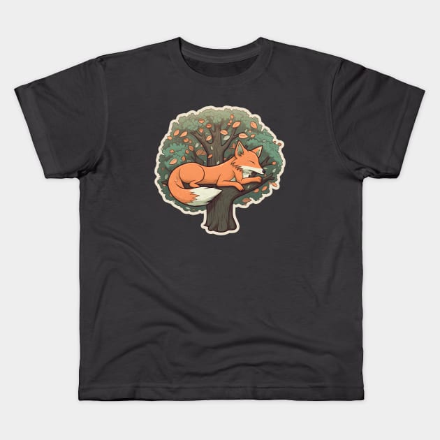 Cartoon Fox Sleeping in Autumn Woods Kids T-Shirt by CaptainMadjid